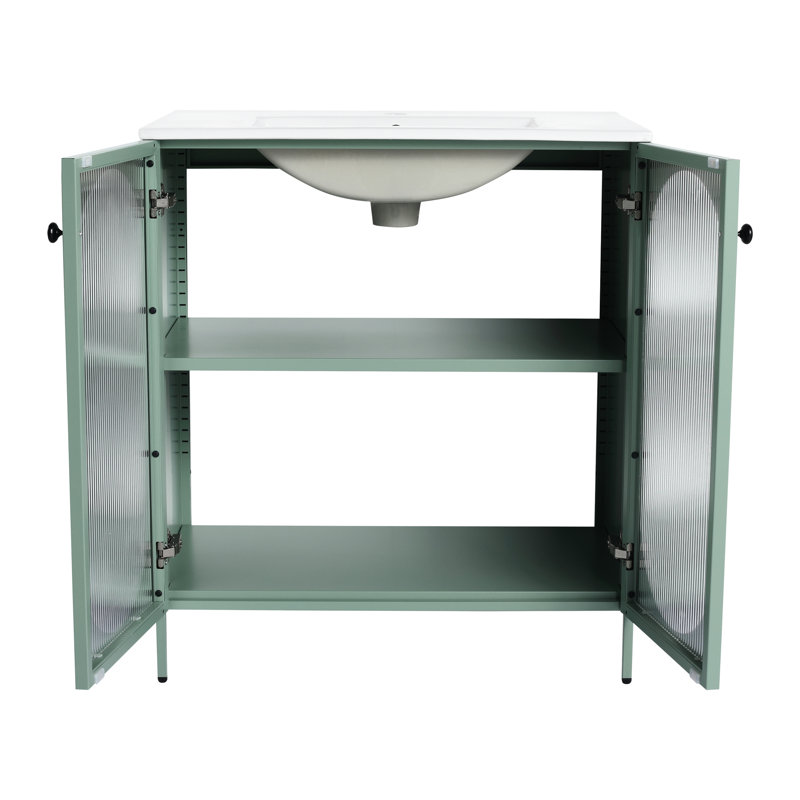 Armoire de salle de bain avec lavabo en céramique - Tablettes personnalisables en acier autoportantes 30 po Meuble-lavabo et déformation