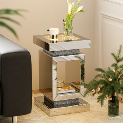 Table d'appoint moderne à miroir avec éclairage DEL, table de chevet à effet diamant avec base cylindrique pour salon, chambre et bureau, argent
