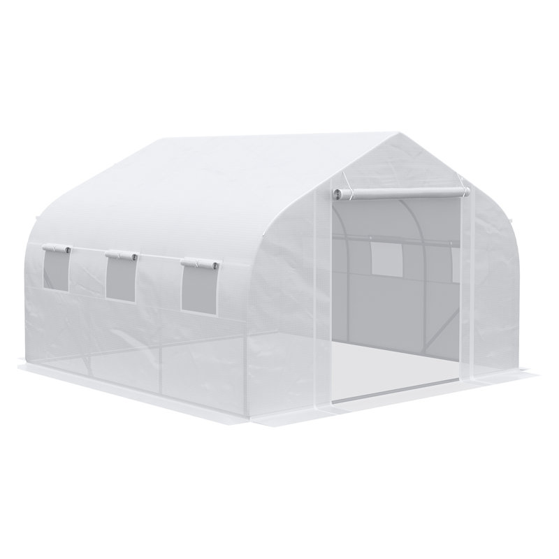 Serre de 12 pi x 10 pi avec structure en acier galvanisé Outsunny, porte en filet à fermeture à glissière et 6 fenêtres de ventilation, blanc
