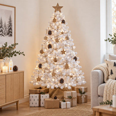 Sapin de Noël artificiel blanc de 1,5 m avec fil à mémoire de forme, 498 branches, structure articulée en PVC, montage facile et support en métal pour la décoration intérieure des fêtes (décorations non comprises).