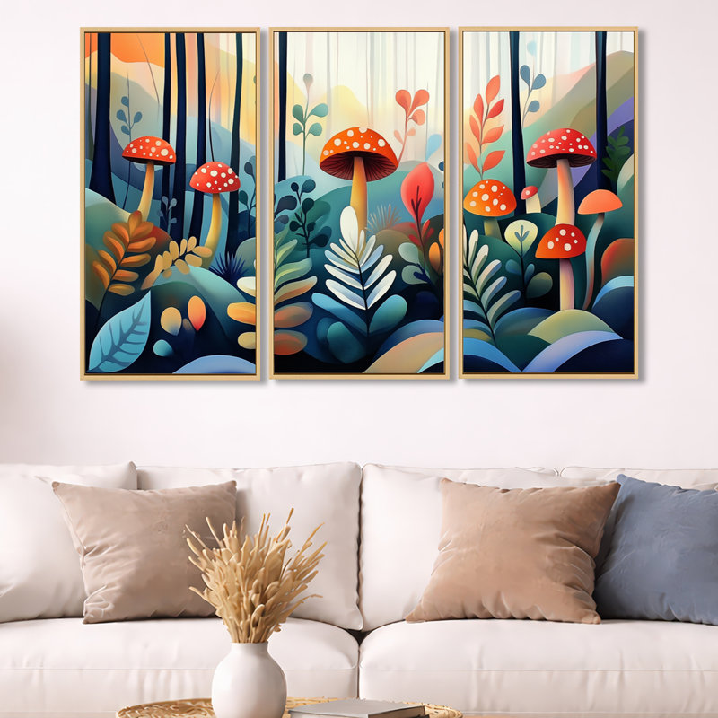Fougère bleue et orange, champignon forêt - ensemble d'art mural botanique de 3, H 32 po x l 48 po, Cadre naturel flottant