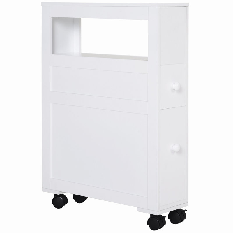 6.25" X 20.5" X 28.25" Wood Rolling Narrow Bathroom Side Storage Cabinet, White
