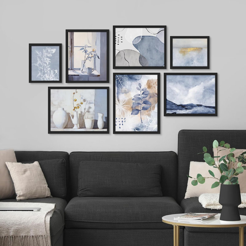 " Collage Geometric Color Blocks Abstract " 7 - Pieces, Black Framed