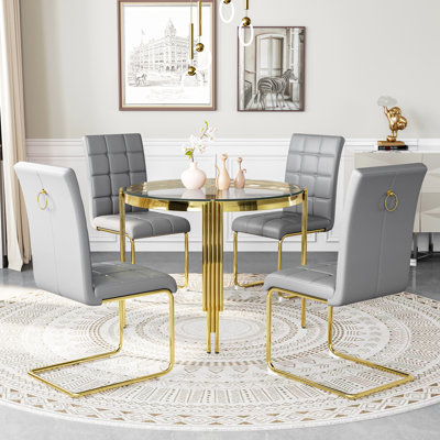 5-Piece Round Glass Dining Set, 37" Tempered Glass Table With 4 High Back PU Leather Chairs