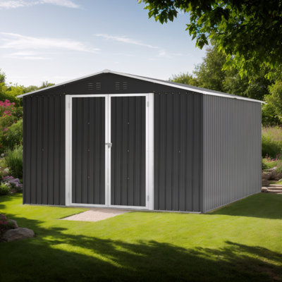 Remise de jardin en métal 10 x 12 pi pour la cour arrière, remise extérieure avec portes verrouillables et cadre durable, rangement pour outils utilitaires - plancher non inclus