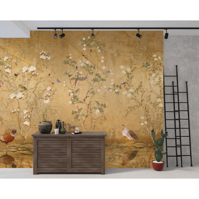 Gold Chinoiserie Bird Garden Wall Mural | Mustard Floral Branch Wallpaper | Non-Woven or Peel and Stick