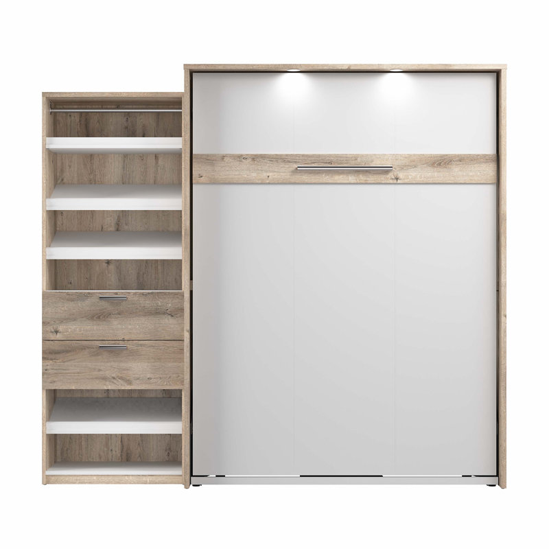Lit escamotable avec rangement pour garde-robe Osterman, Double, Brun rustique / Blanc