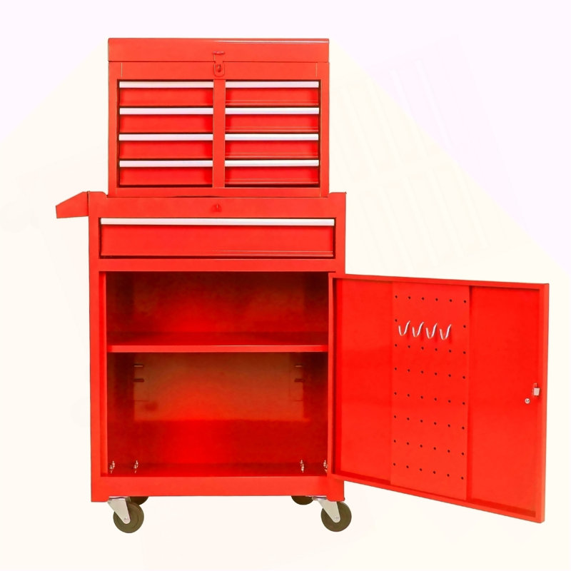 Coffre à outils roulant, boîte à outils à 5 tiroirs avec roues verrouillables, tiroirs coulissants, plateau amovible et tablette réglable, armoire de rangement pour atelier de garage (rouge)