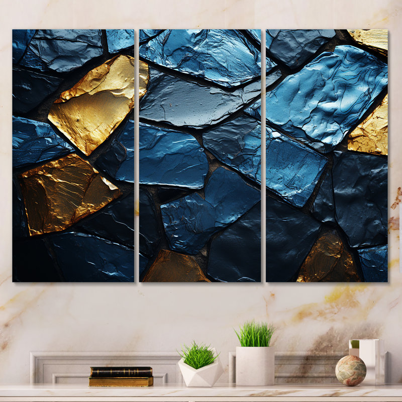 Carreaux de mosaïque en marbre bleu et or - art mural abstrait, H 28 po x l 36 po x P 1 po, Toile tendue