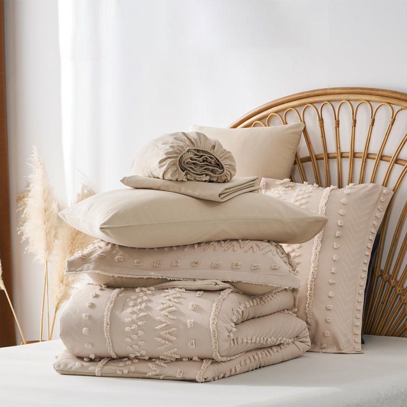 7 Pieces Comforter Set, Tufted Boho Bed In A Bag Comforter And Sheet Set, All Season Soft Microfiber Complete Bedding Set