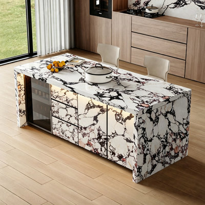 Îlot de cuisine en marbre pré-assemblé avec armoire vitrée, tiroirs et rangement - Table de salle à manger multifonctionnelle