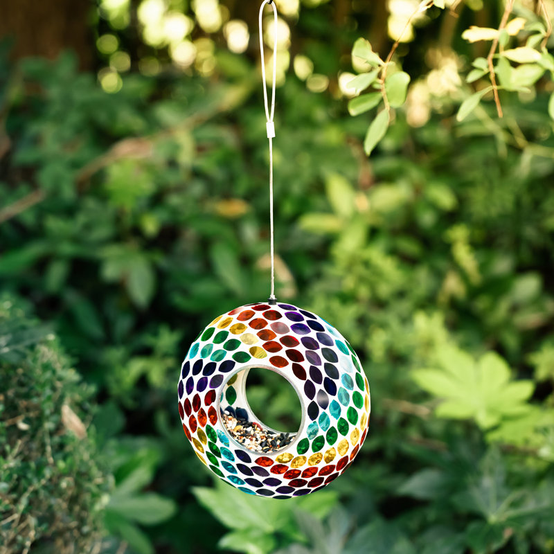 8'' Round Multicolor Mosaic Glass Hanging Bird Feeder