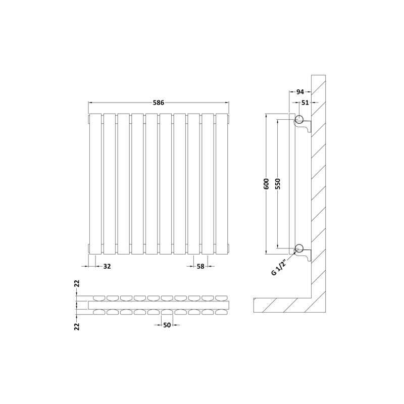 Sloane Vertical Designer Radiator, Grey, 60cm H x 58.6cm W x 7.2cm D