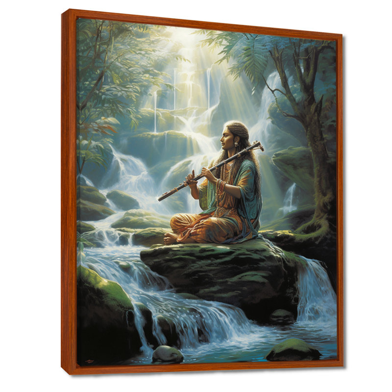 Joueur de flûte sur rocher dans la rivière - musicien, art mural, salon, Toile avec cadre flottant brun