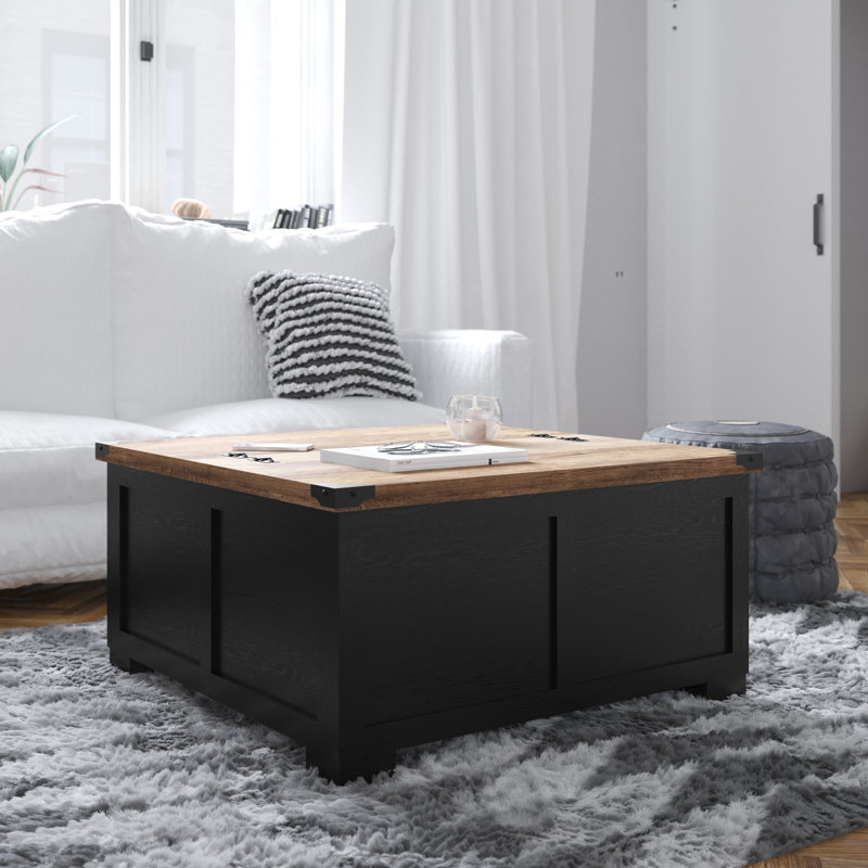 Modern Farmhouse Coffee Table with Hinged Lift Top and Storage, Black, Rustic Oak