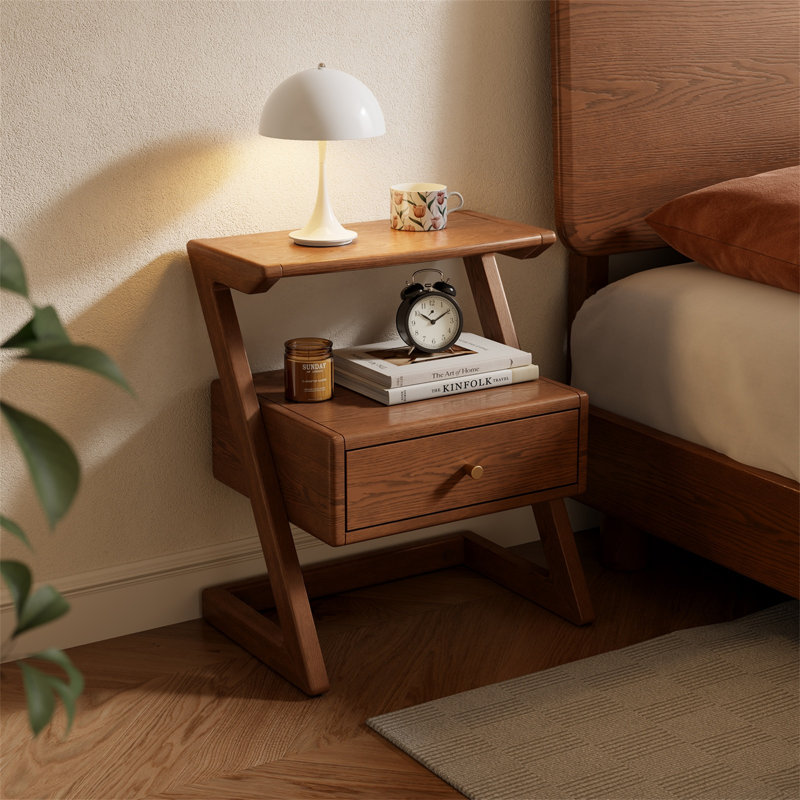 Z-shaped Solid Wood Bedside Table, Bedroom Storage Unit, Sofa Side Table, Dark Walnut