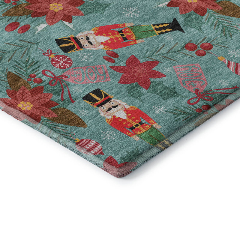 Premium Machine Washable Dockside AMF1822 Nutcracker and Poinsettia Rug, Rectangle 10' x 14'