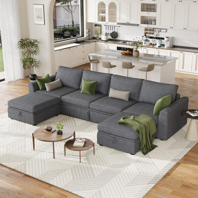 L-Shaped Sectional Sleeper Sofa with Pull-Out Bed & Storage, 5-7 Seat Chenille Couch for Living Room