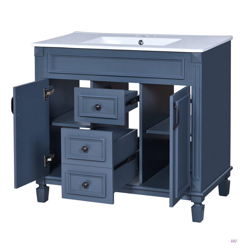 Meuble-lavabo 36 po avec lavabo supérieur, armoire de rangement moderne avec 2 portes à fermeture douce et 2 tiroirs, meuble-lavabo simple