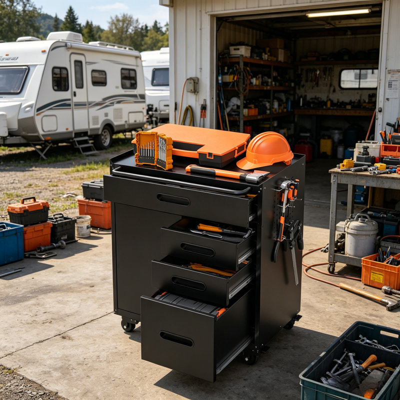 34.3-Inch Mobile Tool Storage Cabinet With Lockable Compartments And 4 Drawers, Featuring Steel Wheels, Suitable For Workshop And Home Garage Storage.