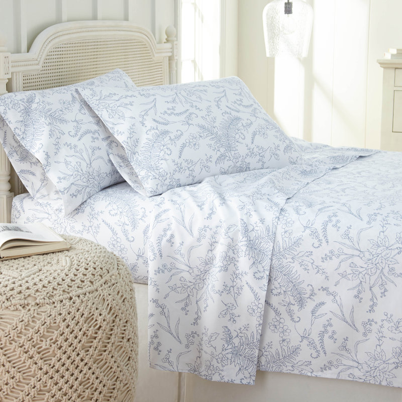 Ensemble de draps en microfibre Winter Brush, Simple, Blanc / fleurs bleues