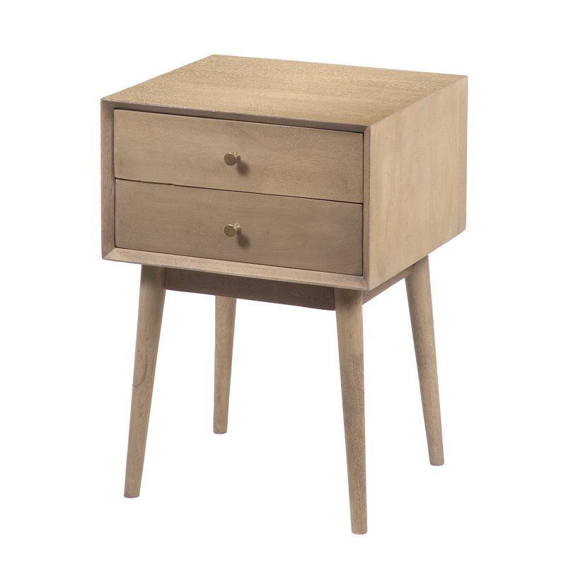 Table de chevet Nali, 2 tiroirs, bois de manguier sablé, boutons en laiton, Blanc cendré délavé