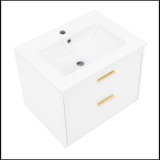 24" floating wall mounted bathroom vanity with white ceramic sink and drawer storage