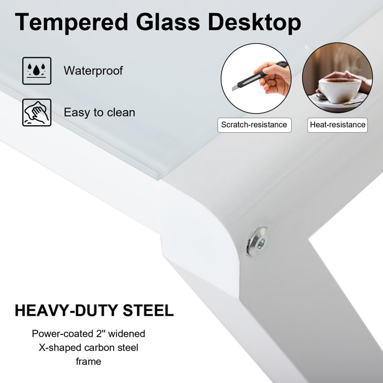 Heuss 55.1'' Computer Desk with Shelves, Tempered Glass Top Home Office Desks Ivy Bronx Color: White