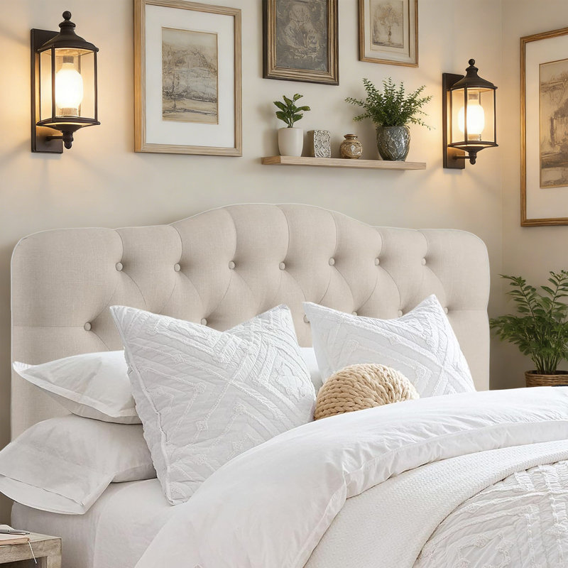 Tête de lit tapissier en lin à hauteur réglable, Beige, Très grand lit