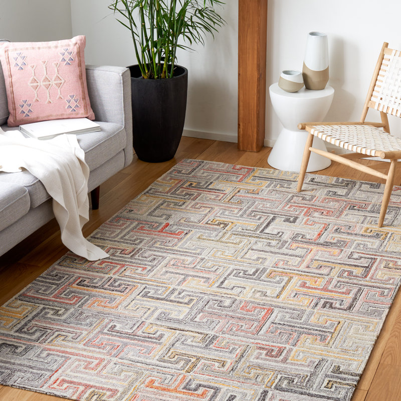 Tapis intérieur / extérieur gris en laine touffeté à la main Patchwork 6 pi 7 po x 8 pi 10 po Patchwork