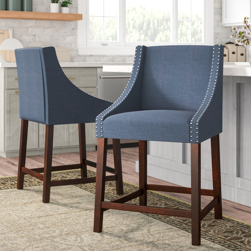 Stirling Upholstered Counter Stool with Solid Wood Frame, Navy, Counter Stool (25.5" Seat Height)