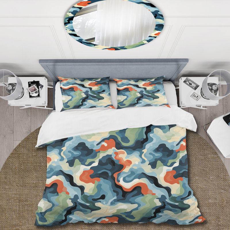 Literie sérénité à encre liquide bleue et verte, Housse de couette pour grand lit et 2 taies décor