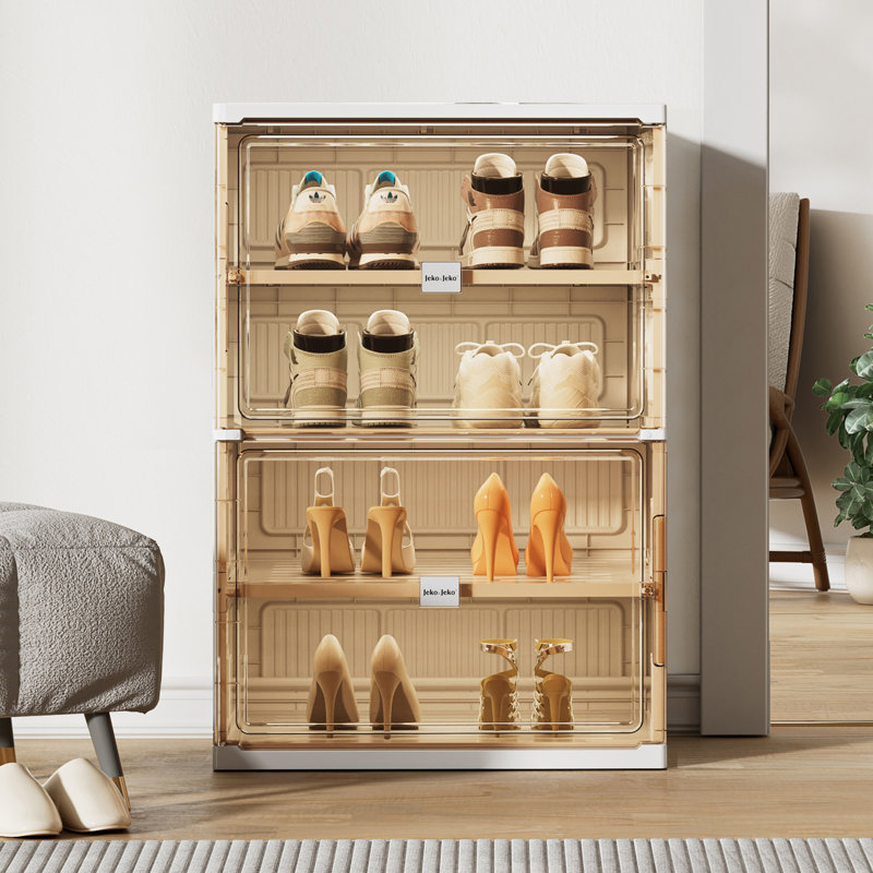  8 Tiers Foldable Shoe Rack Organizer Cabinet For Closet Entryway, Large Collapsible Shoe Storage Box With Magnetic Doors, 16