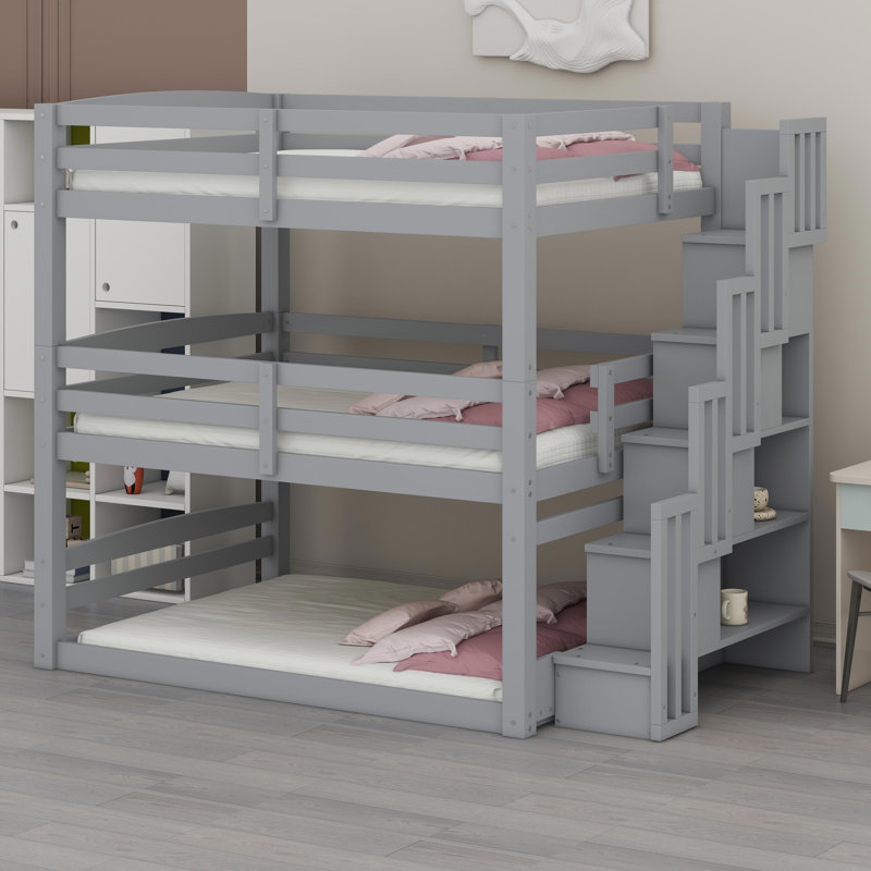 Lit superposé triple empilable avec compartiments d'escalier fonctionnels et unités amovibles, Gris