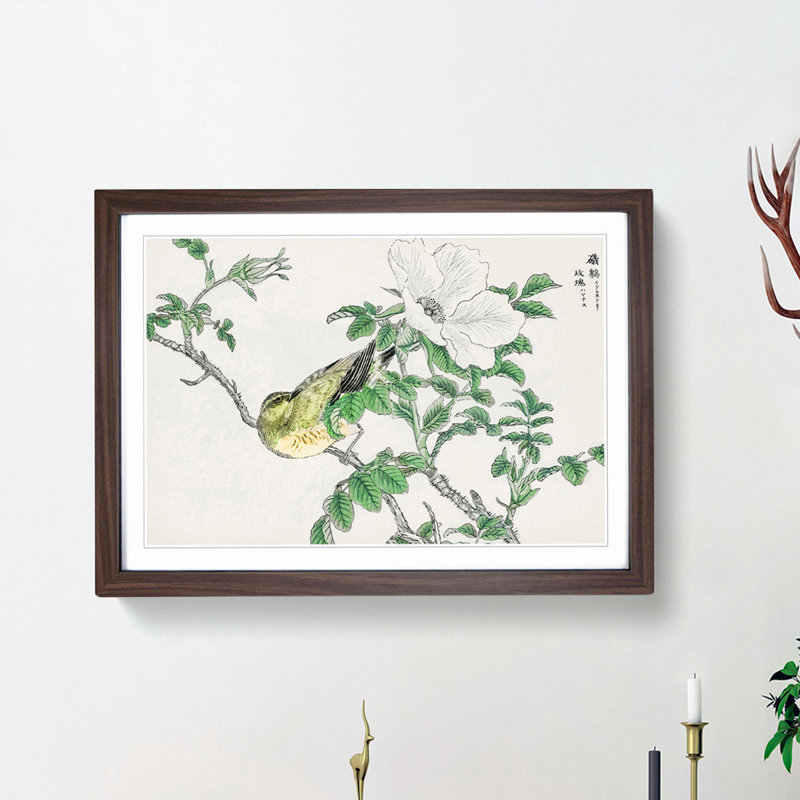 Brown-Eared Bulbul Bird & White Wild Rose by Numata Kashu - Picture Frame Art Print, 48cm H x 65cm W x 2cm D, Walnut Framed
