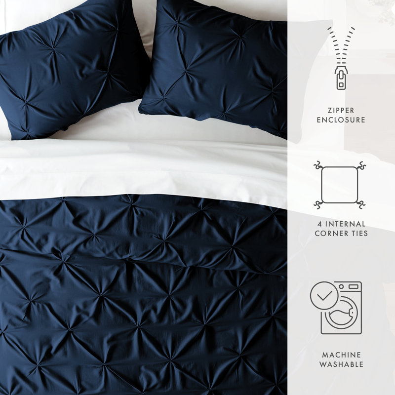 Pinch Pleat Textured Duvet Cover Set, Twin Duvet Cover + 1 Sham, Navy