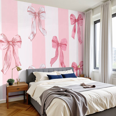 Peel and Stick Wallpaper 144" W x 100" H Modern Self Adhesive Wall Mural for Bedroom Coquette aesthetic seamless pink ribbon bow striped white pink Trendy