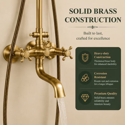 Mosson Antique Brass Exposed Shower Set, 8 Inch Round Rainfall Shower Head with Solid Brass Hand Shower, Vintage Wall Mounted Slide Bar Shower System