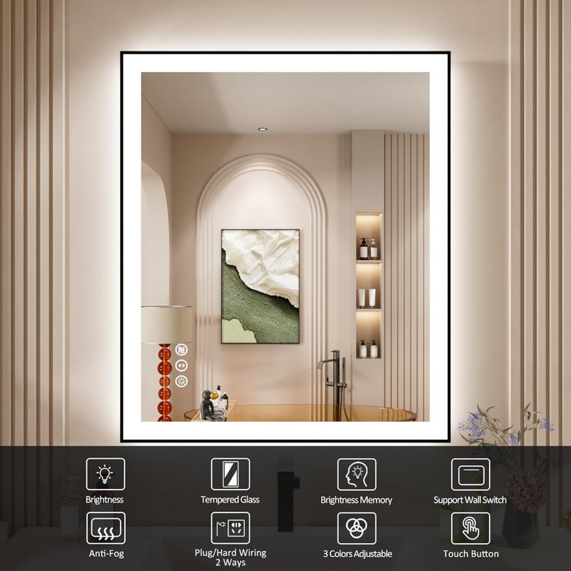 LED Bathroom Mirror With Black Frame, Backlit And Front Lighted Bathroom Mirrors For Wall, 36" x 28"