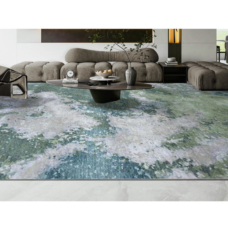 Tapis vert et argent noué à la main de haute qualité, Rectangle 9 pi x 12 pi