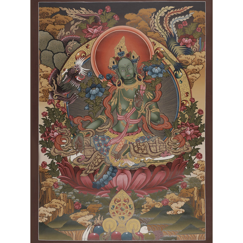 Déesse verte Tara Brocadeless Thangka | Art mural bouddhiste tibétain peint à la main | Décoration en or 24 carats de protection et de bienveillance (37 po x 26 po)
