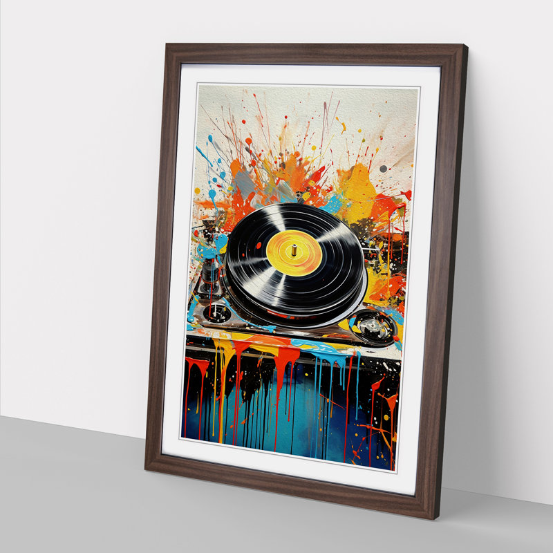 XYZ-FRM-V1223-5423 Record Player Action Painting - Single Picture Frame Print on Wood, Walnut, 64cm H x 46cm W x 2cm D