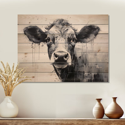 Minimalism Black And White Cow I - Cow Wood Wall Art On Natural Pine Wood