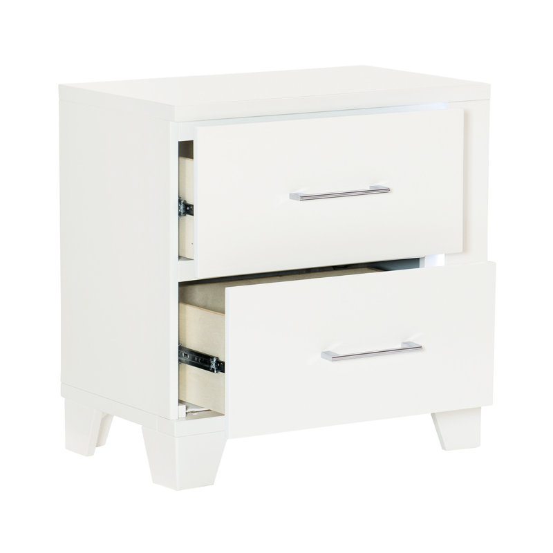 Table de chevet de luxe à finition brillante blanche avec éclairage à DEL et glissières à roulement, armoire de chambre à coucher moderne lustrée, 2 tiroirs