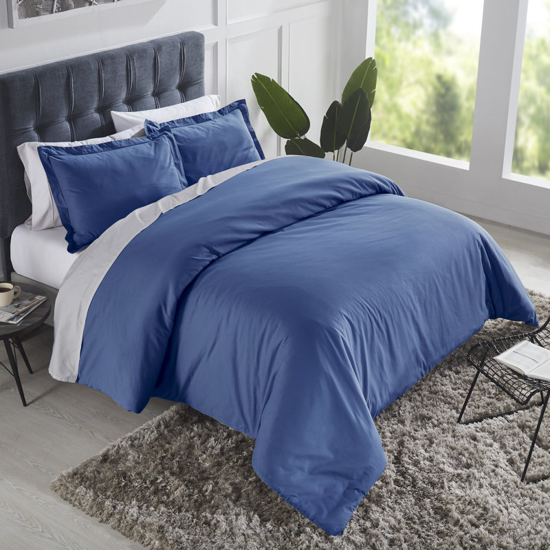 Cotton Solid Colour Duvet Cover, King Duvet Cover + 2 King Pillows Cases, Blue