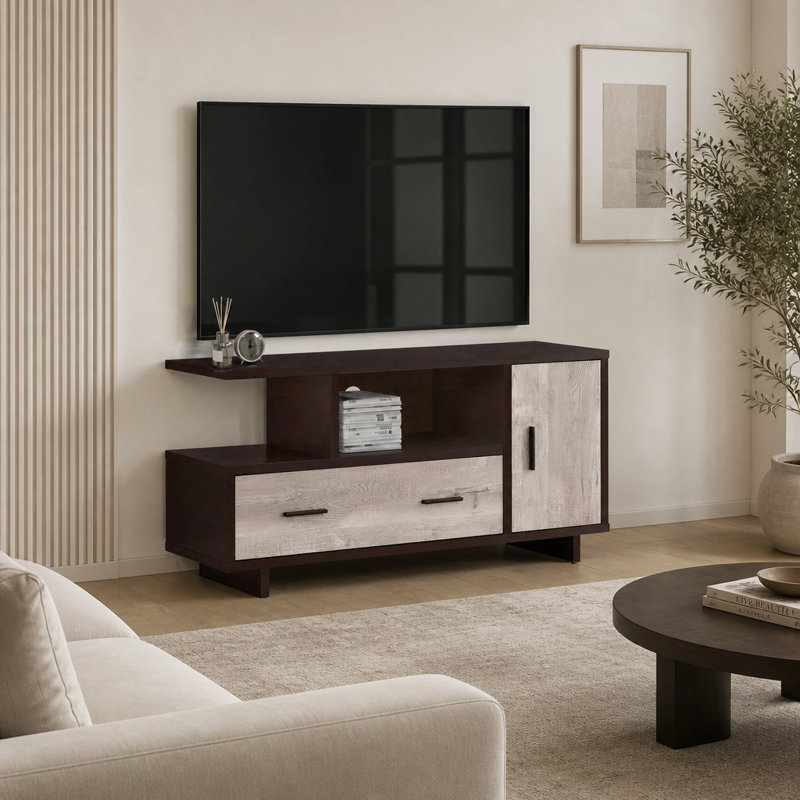 Meuble télé moderne avec tiroirs de rangement et système de gestion des câbles pour une organisation optimale du salon.