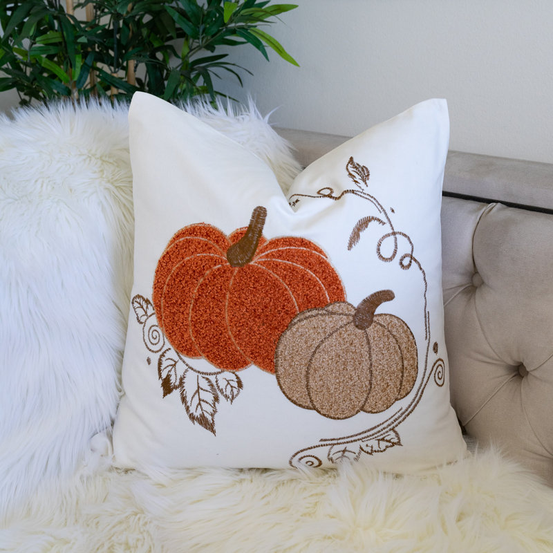 Coussin en coton citrouille brodé, Carré 20 po, Rouille / brun