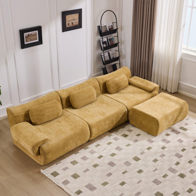 Modular Combination, Bamboo Joint Shape, Armchair, Extra-Large Compression & 3+1 Seater Chenille Deep-Seat (With 3 Pillows) All Fit Living Room/Bedroom