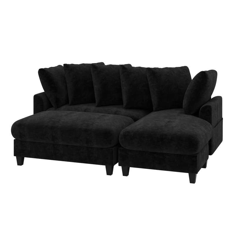 Canapé modulaire en L avec revêtement en chenille, espace de rangement, repose-pieds mobile, six coussins décoratifs, Noir