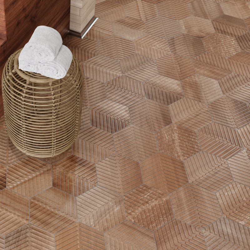 Cotto Charm 8" Porcelain Chevron Hex Tile, Chestnut